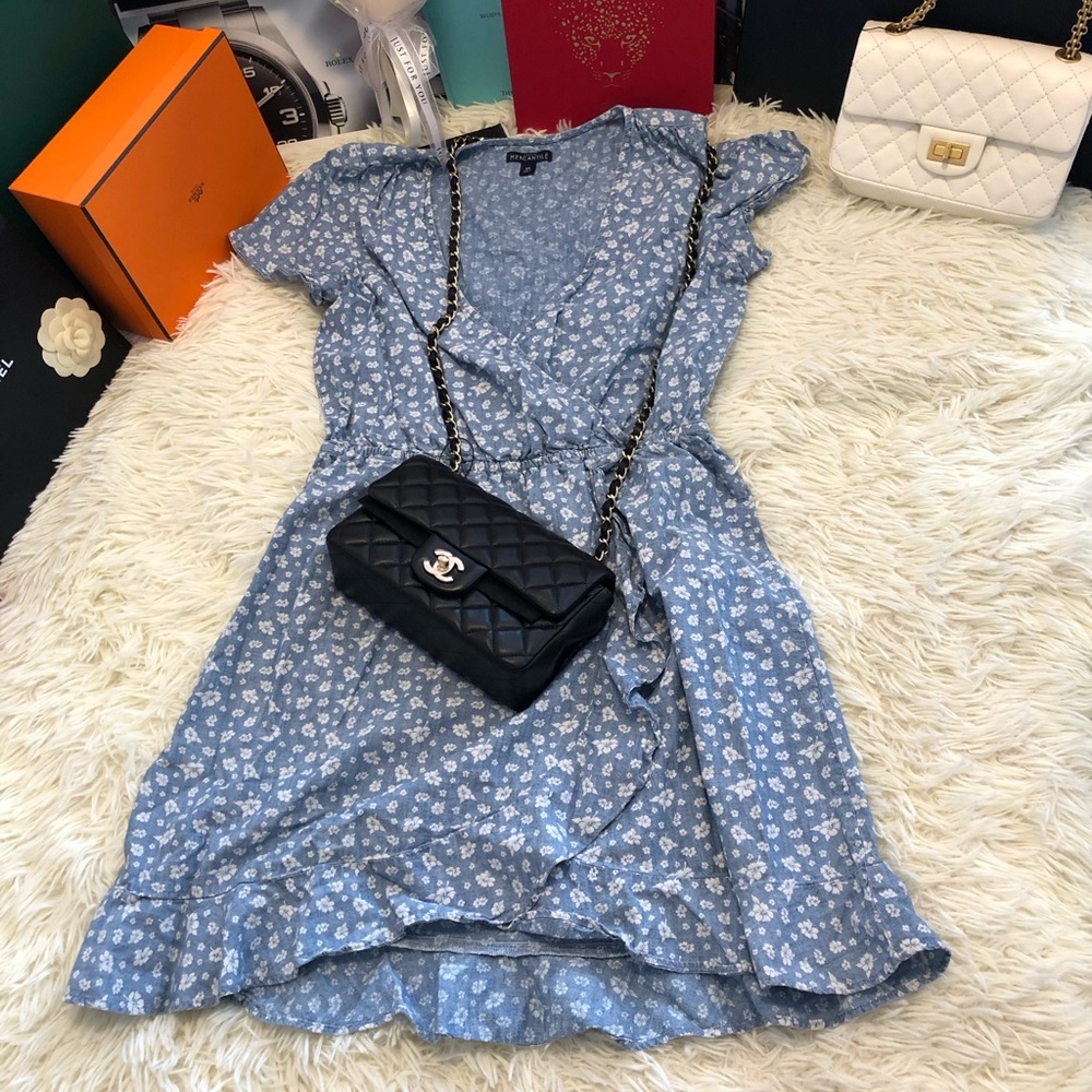 J Crew Mercantile Dress Denim Blue White Hibiscus Floral Faux Wrap Ruffle(Free